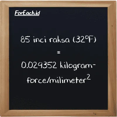 85 inci raksa (32<sup>o</sup>F) setara dengan 0.029352 kilogram-force/milimeter<sup>2</sup> (85 inHg setara dengan 0.029352 kgf/mm<sup>2</sup>)